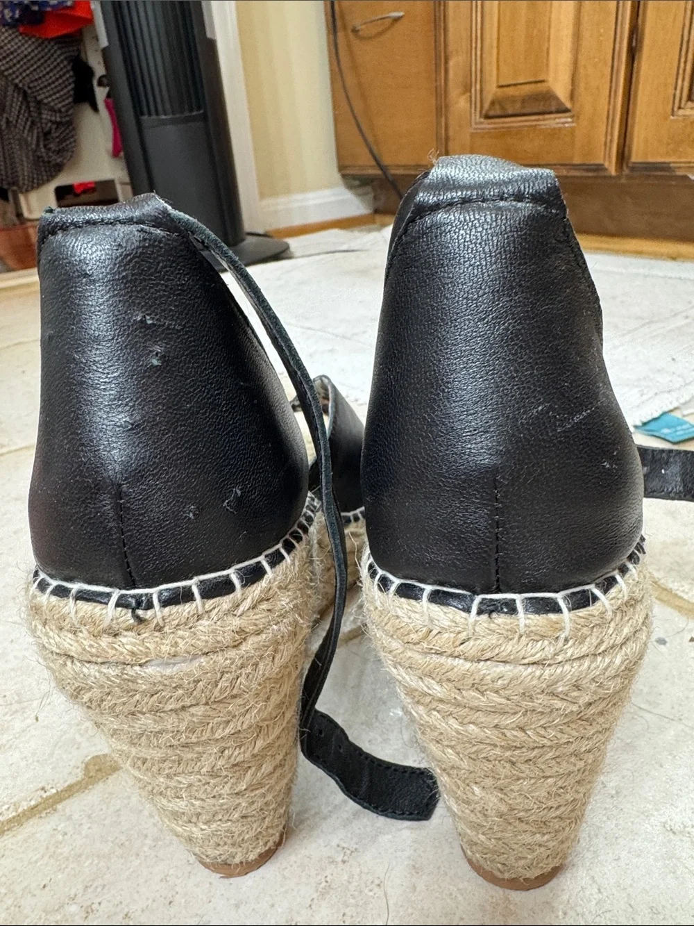 Seychelles Black Leather Peep-Toe Espadrille Wedge Sandals